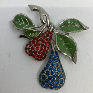 Vtg Coro ? enamel rhinestone crystal pears fruits 2 1/2" brooch